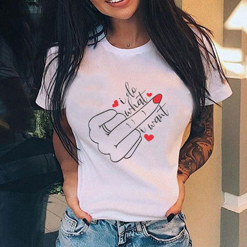 Personalized Vertical Middle Finger Print Street Casual Loose Ladies T-shirt