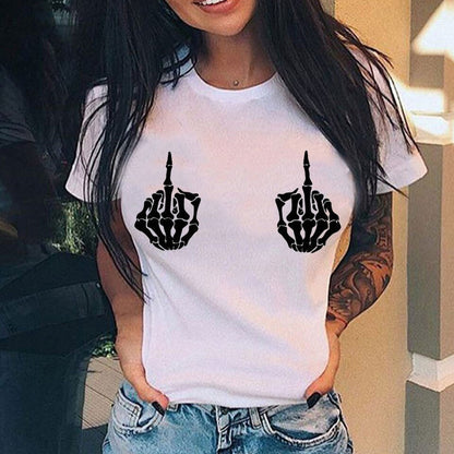 Personalized Vertical Middle Finger Print Street Casual Loose Ladies T-shirt