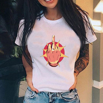 Personalized Vertical Middle Finger Print Street Casual Loose Ladies T-shirt