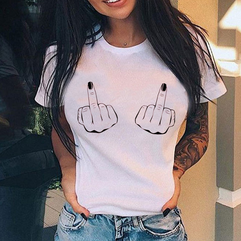 Personalized Vertical Middle Finger Print Street Casual Loose Ladies T-shirt