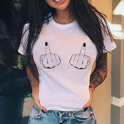 Personalized Vertical Middle Finger Print Street Casual Loose Ladies T-shirt