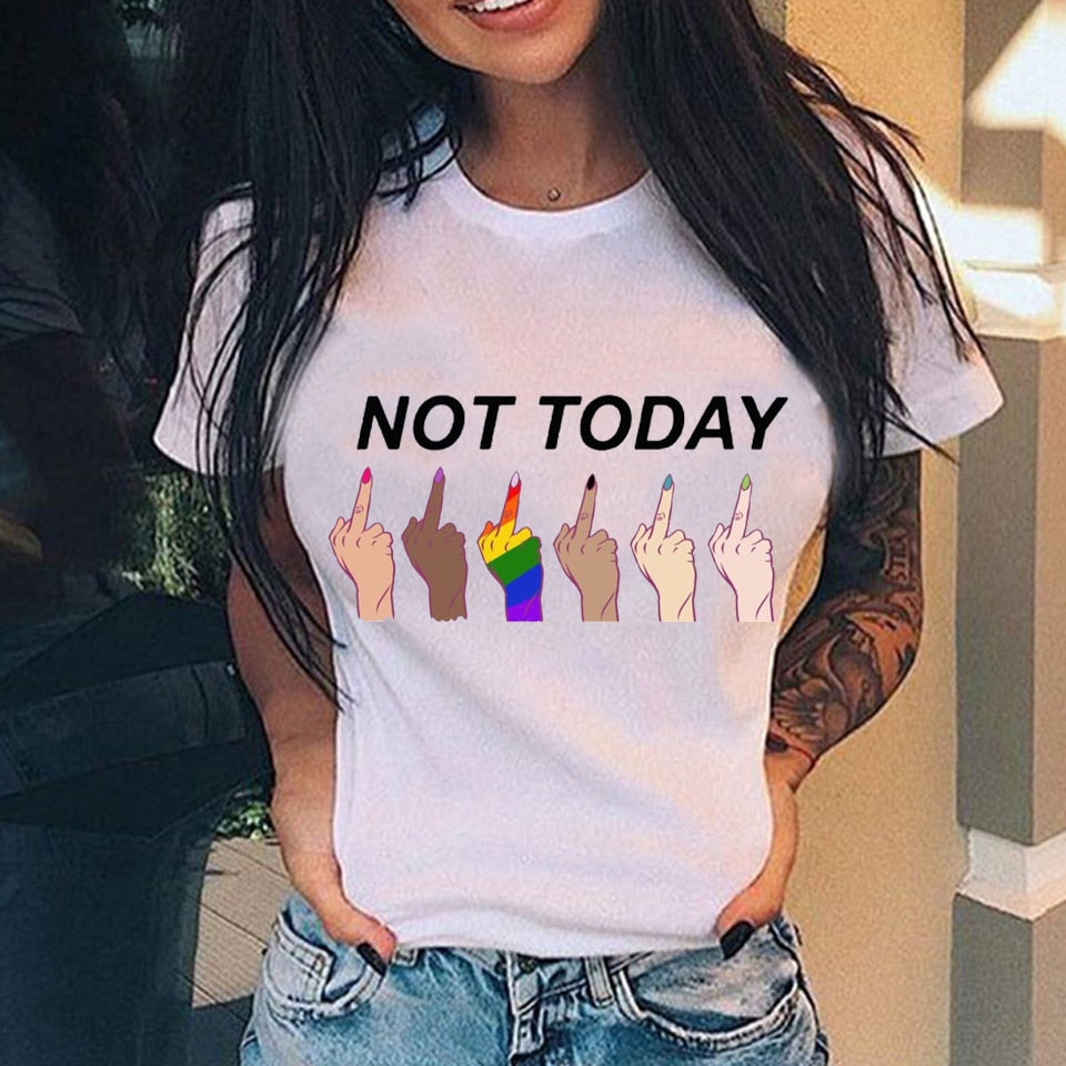 Personalized Vertical Middle Finger Print Street Casual Loose Ladies T-shirt