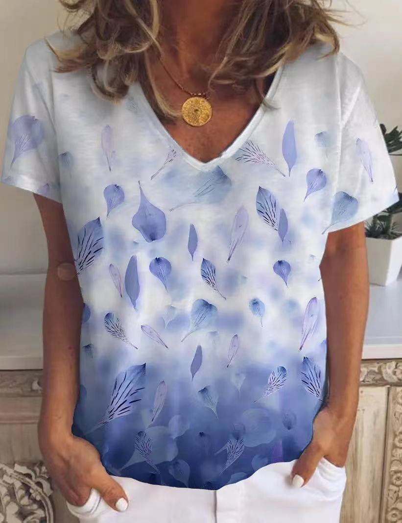 Leaf Flower Top Print V-neck Short Sleeves
