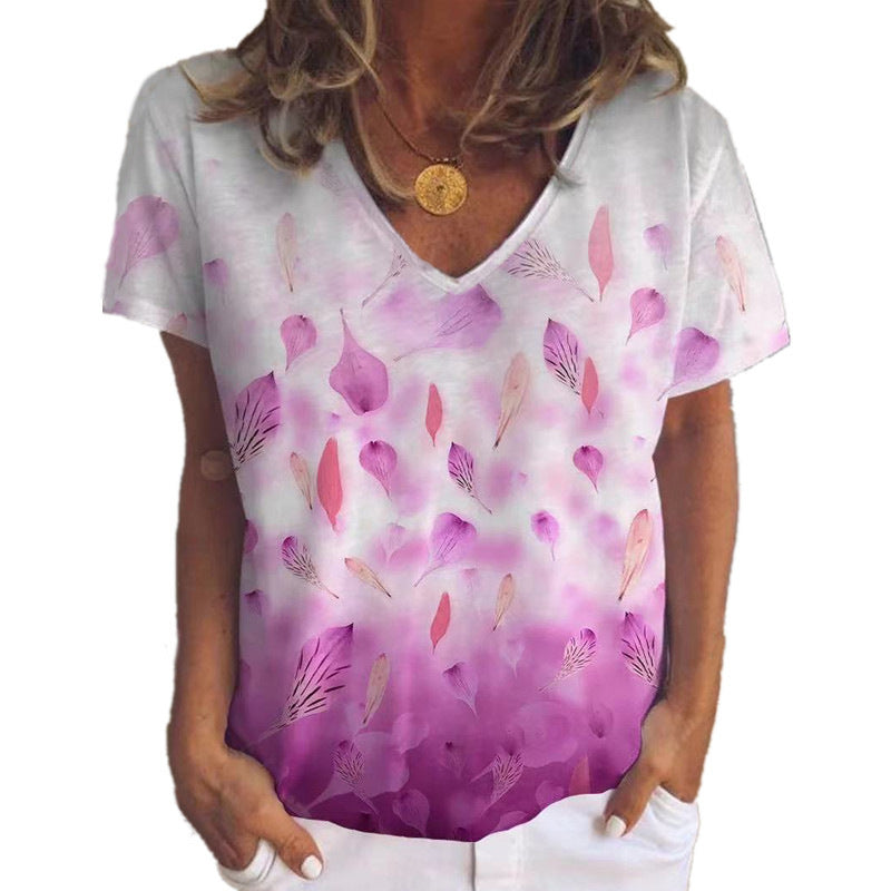 Leaf Flower Top Print V-neck Short Sleeves