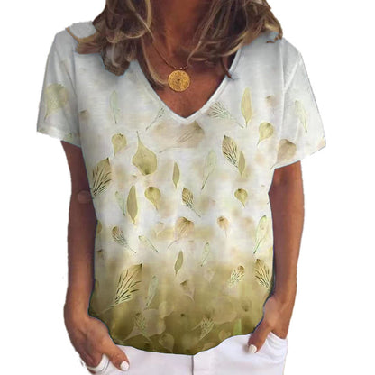 Leaf Flower Top Print V-neck Short Sleeves
