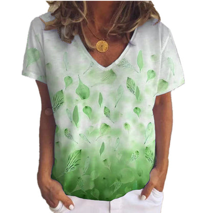 Leaf Flower Top Print V-neck Short Sleeves