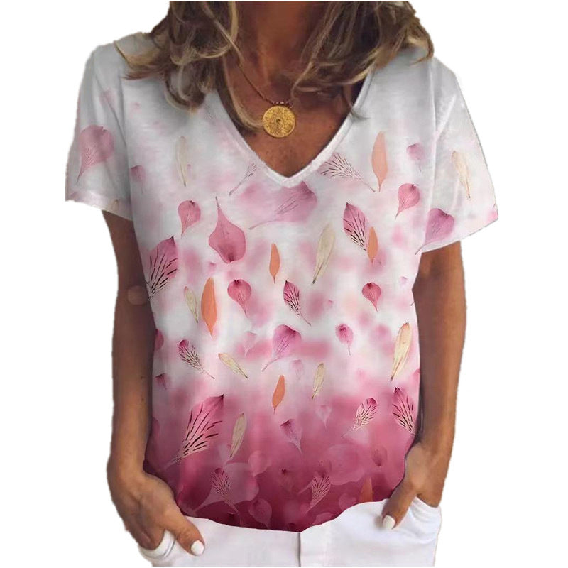 Leaf Flower Top Print V-neck Short Sleeves