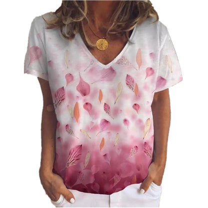 Leaf Flower Top Print V-neck Short Sleeves