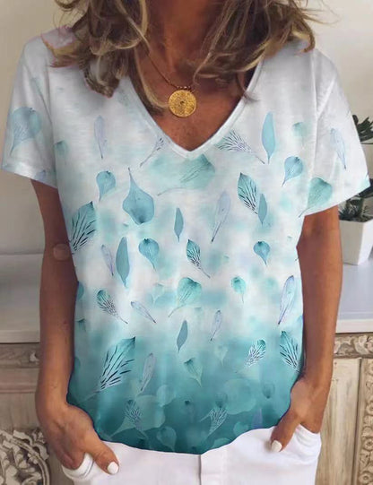 Leaf Flower Top Print V-neck Short Sleeves