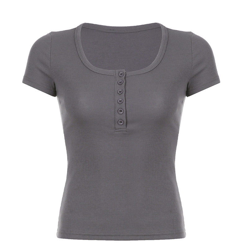 Breasted Thread Thin Knitted Base Pure Color Casual Versatile Short Sleeve