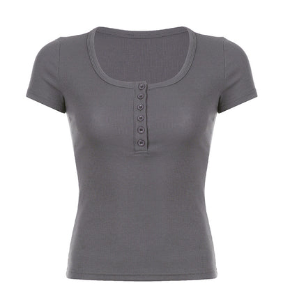 Breasted Thread Thin Knitted Base Pure Color Casual Versatile Short Sleeve