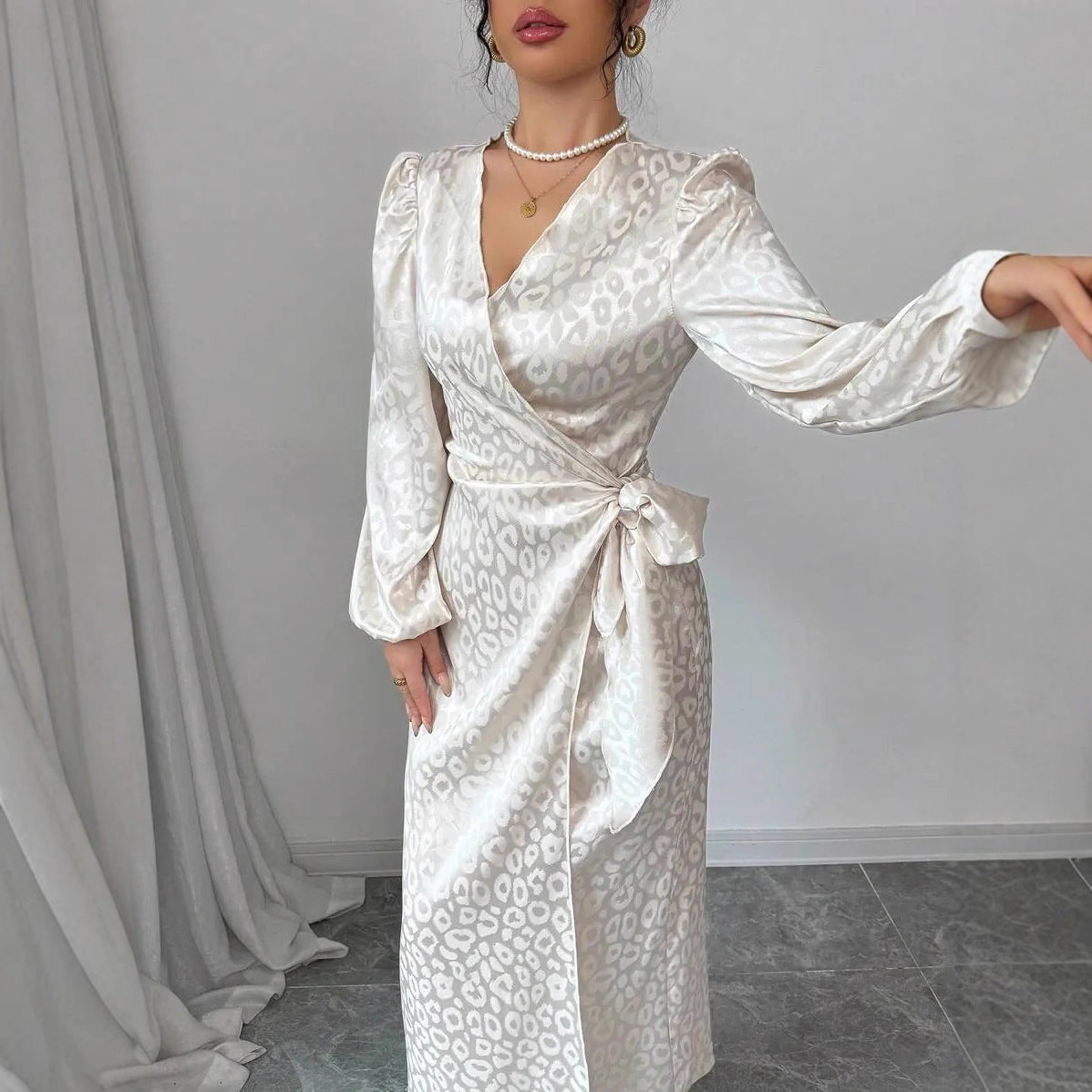 Long-sleeve Dress Leopard-print Jacquard Dress