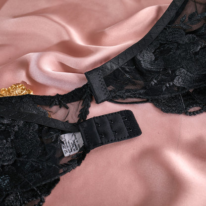 European And American Fashion New Mesh Embroidered Ribbon Steel Ring Garter Belt Sexy Underwear Three-piece Set