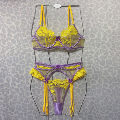 Women's Fashion Flower Embroidered Bra Underwear Suit