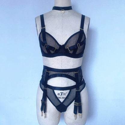 Women's Fashion Mesh Heavy Industry Push Up Bra Strap Steel Ring Garter Underwear Suit