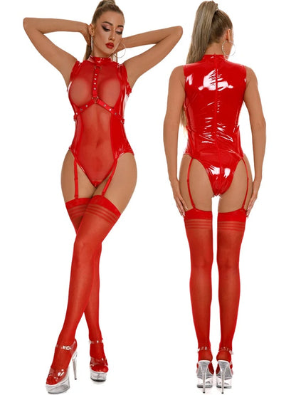 Oily Patent Leather Zipper Armband Binding Open Crotch One-piece Women's Underwear