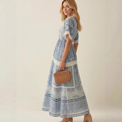 Chic V-neck Printed Waist-Cinching Short-Sleeve Womens Dress
