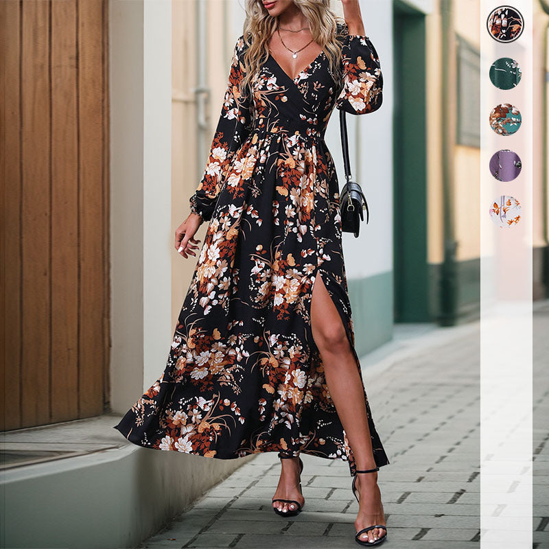 Elegant High-end Split-back Long-sleeve V-neck Printed Dress