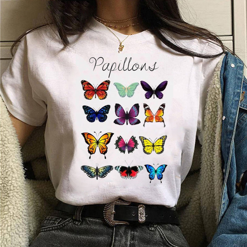 Printed White Ladies Casual Loose Personality Short Sleeves