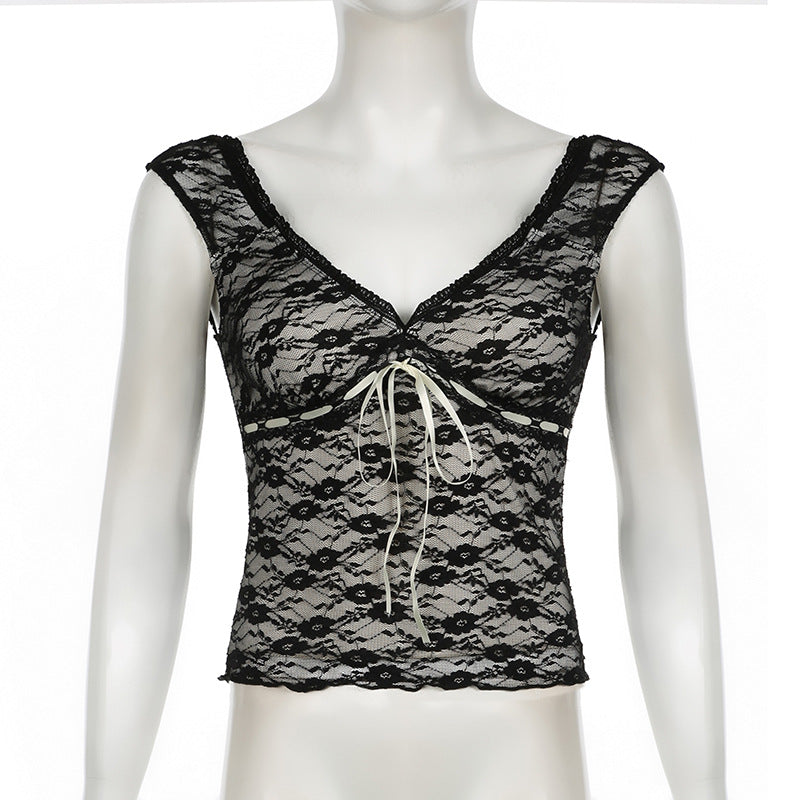 Hot Girl Style V-neck Slim Fit Bare Back Self-tie Lace Sleeveless T-shirt Top