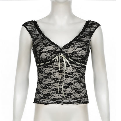 Hot Girl Style V-neck Slim Fit Bare Back Self-tie Lace Sleeveless T-shirt Top