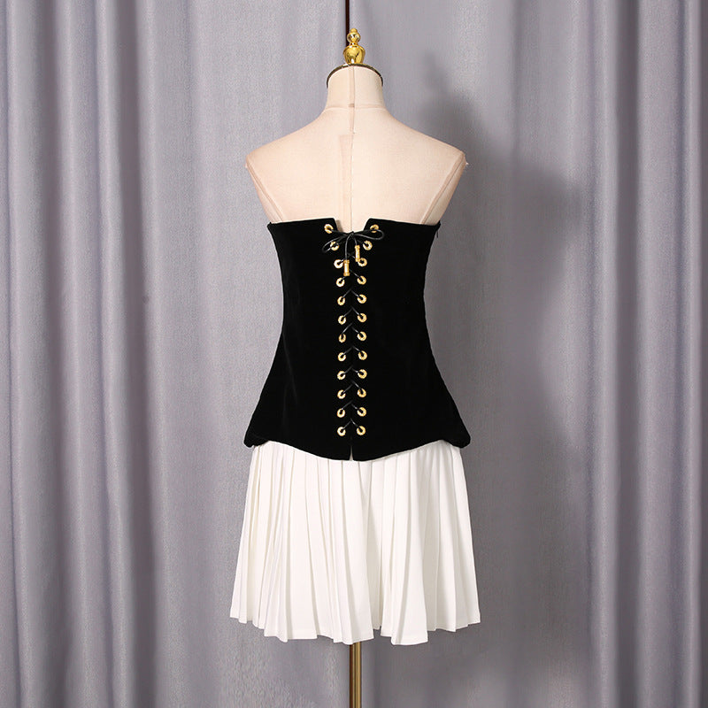 Dark Velvet Cropped Tube Top Mini Skirt