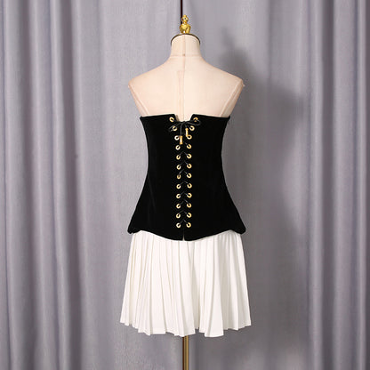 Dark Velvet Cropped Tube Top Mini Skirt