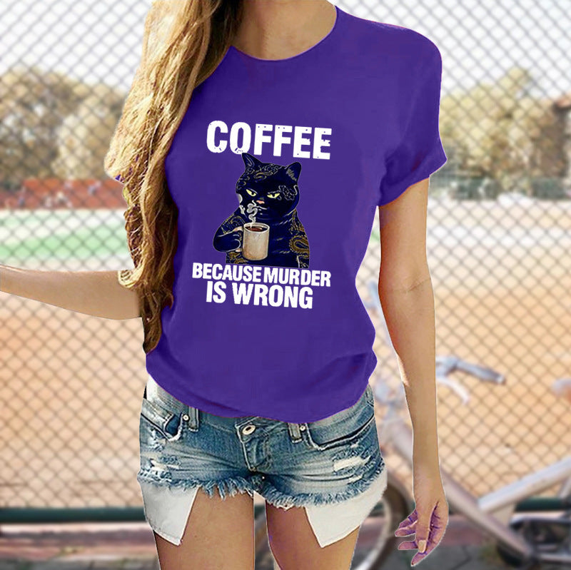 Cat Cute Print T-shirt Round Neck Short Sleeve Top