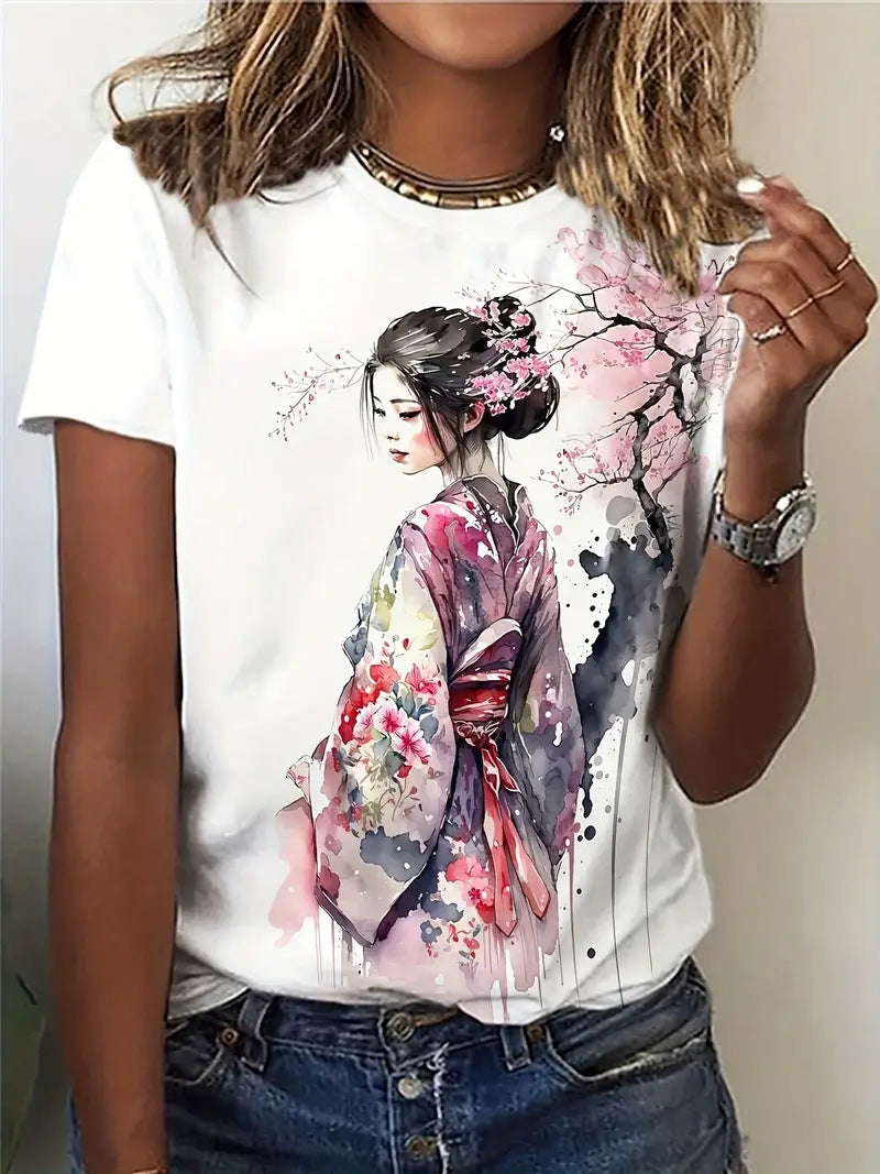 Printed Round Neck Short Sleeve Top