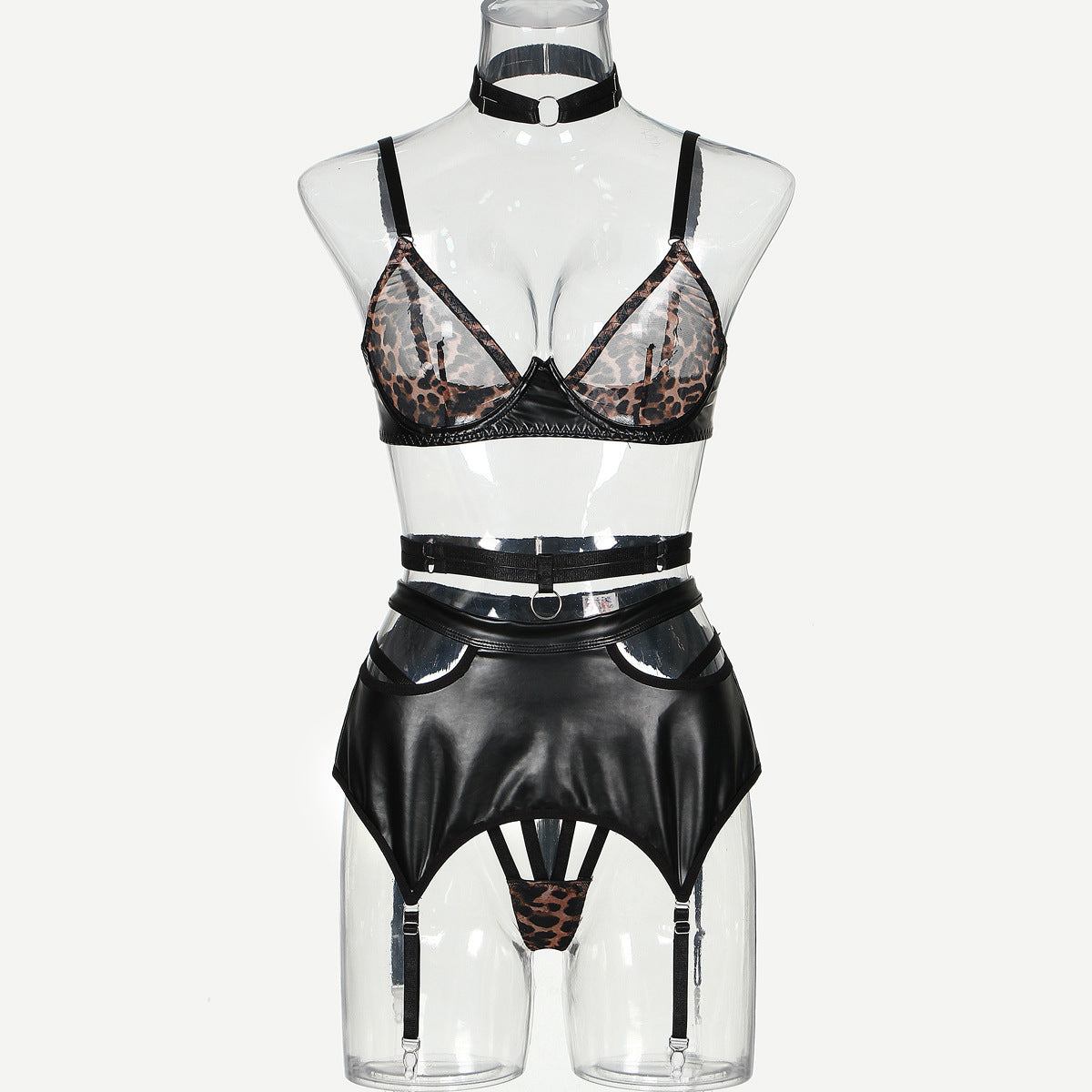 Women's Fashion Leopard Print Mesh Splicing Fabric Leather Underwear Suit