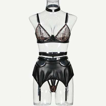 Women's Fashion Leopard Print Mesh Splicing Fabric Leather Underwear Suit