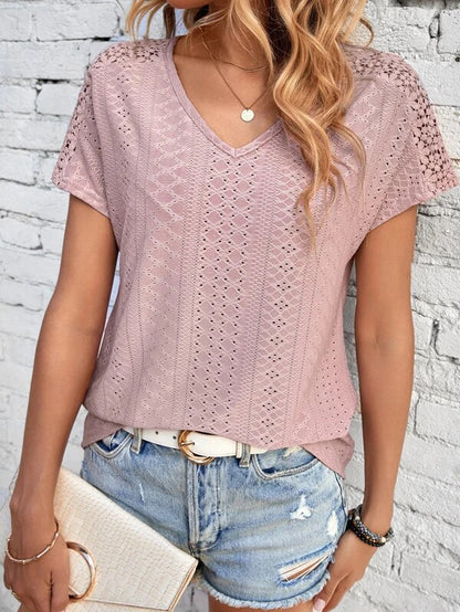 Women's Solid Color And V-neck Top Hollow Mesh Short Sleeve