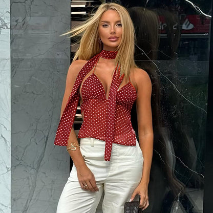 Polka Dot Deep V Lace-up Small Sling Backless Tube Top Vest
