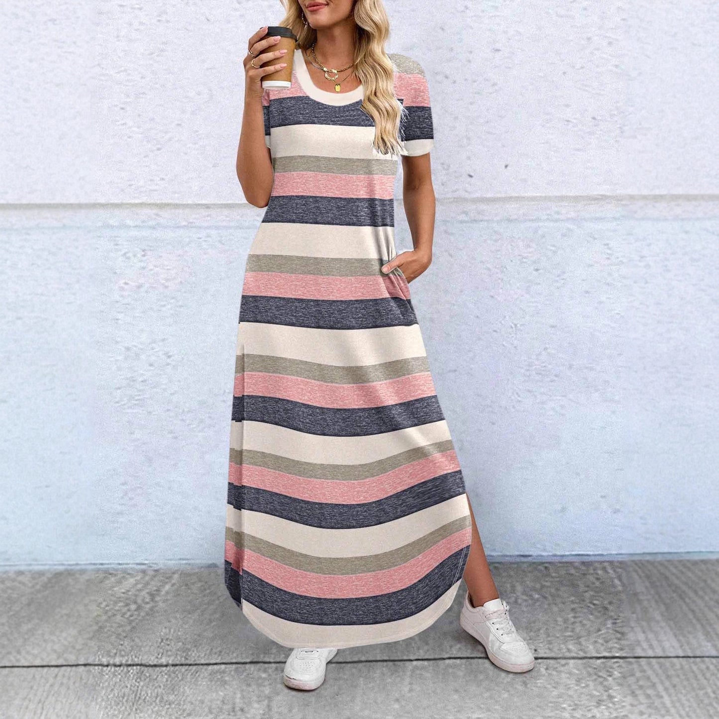 Solid-color Crew-neck Pocket Short-sleeve Dress