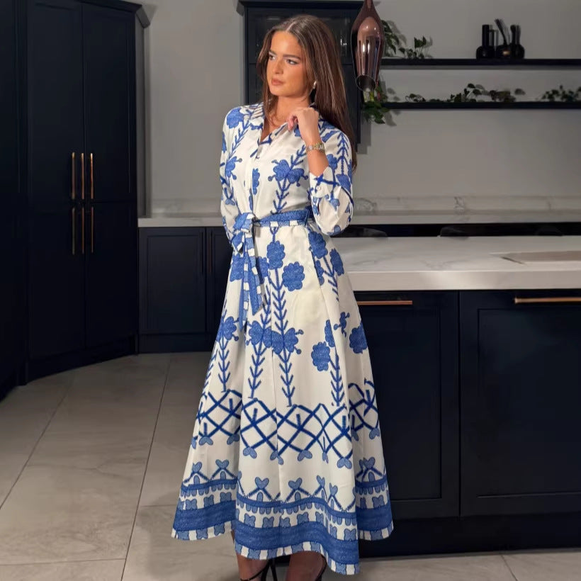 Womens Printed Defined-Waistline Long-Sleeve Dress