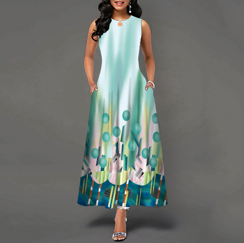 Womens Printed Crew-Neck Sleeveless Tank Dress