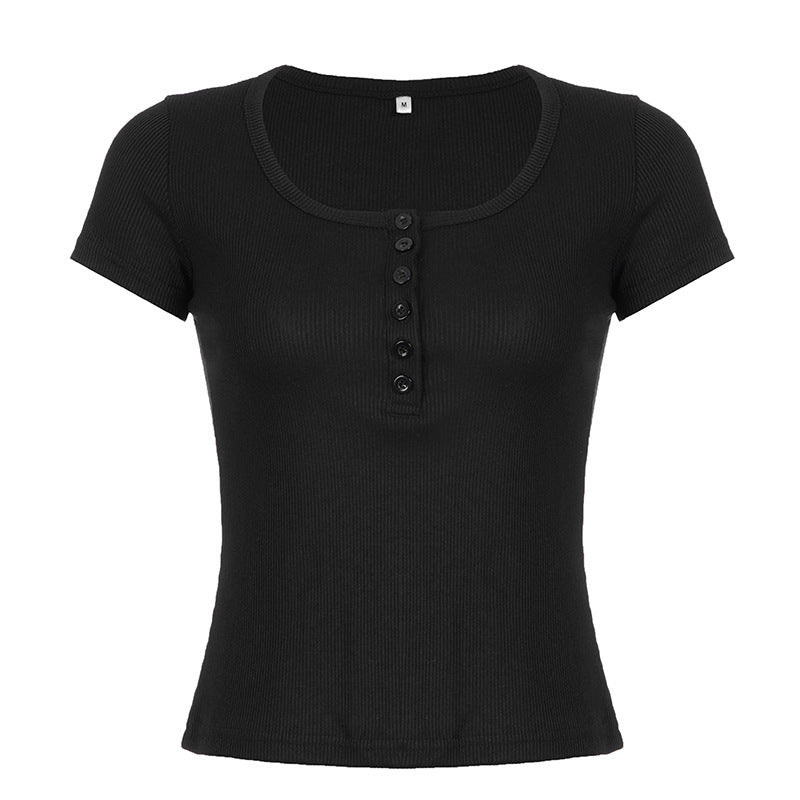 Breasted Thread Thin Knitted Base Pure Color Casual Versatile Short Sleeve