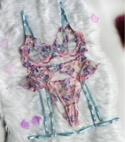 Embroidered Lace Up Suspender Underwear Set