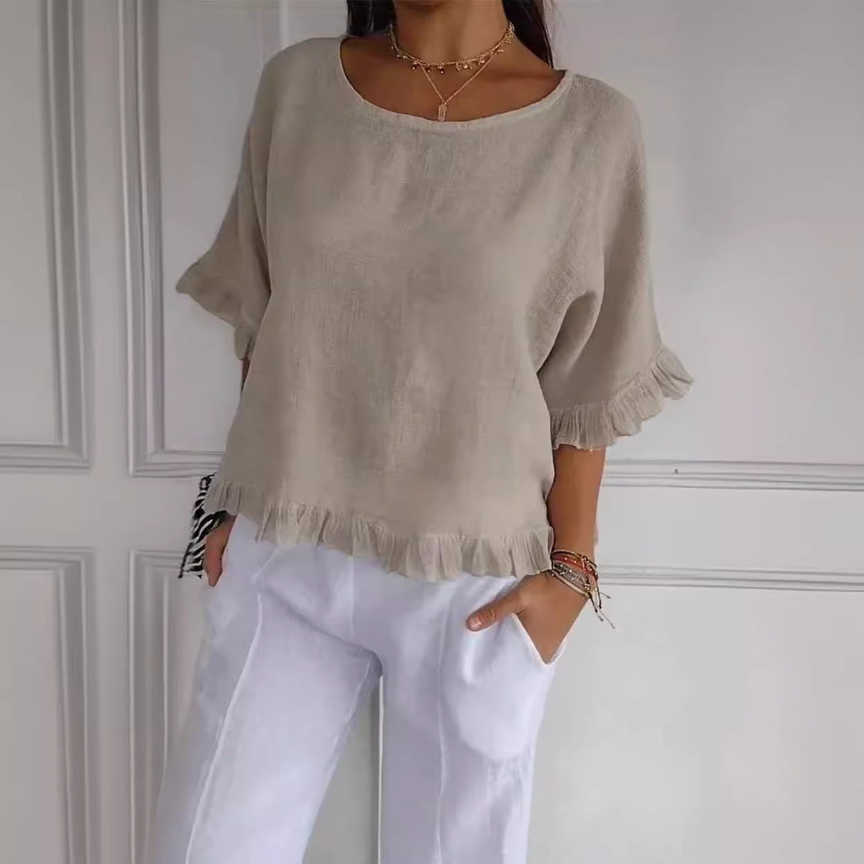 Pure Color Ruffles T-shirt Female Casual Short-sleeved Top