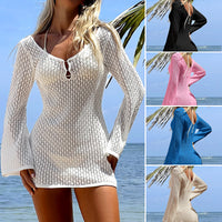 Hollow Out Textured V Neck Short Dress With Round Buttons And Long Sleeves Sun Protective Backless Design