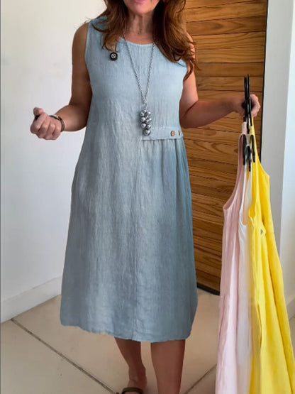 Womens Cotton-Linen Sleeveless Crew-Neck Dress With Buttoned Pockets, Western Style