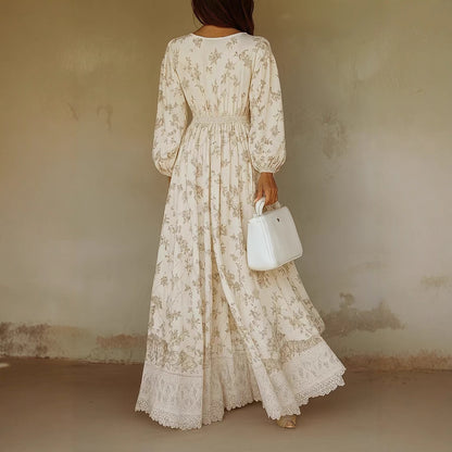 Casual Western-style AutumnWinter Long-Sleeve Printed Lace-Trimmed Dress