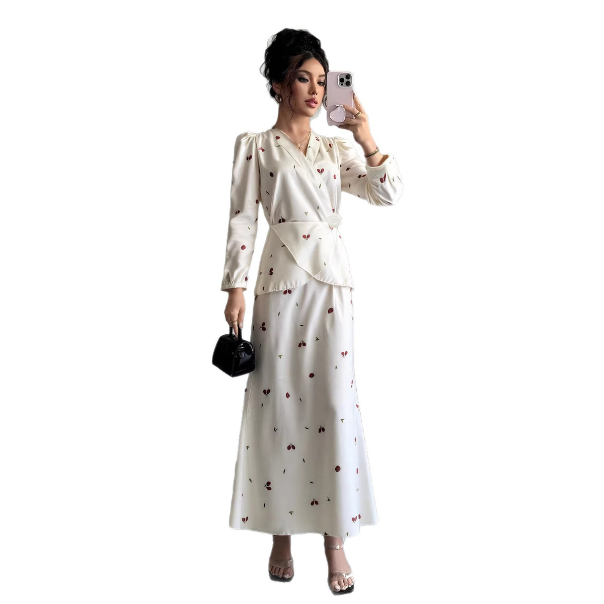 New V-neck Puff-sleeved Waist-cinched Satin Dress With A Cherry Print