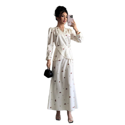New V-neck Puff-sleeved Waist-cinched Satin Dress With A Cherry Print