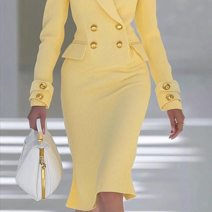 Elegant And Minimalist V-neck Light-yellow Knit Midi Skirt