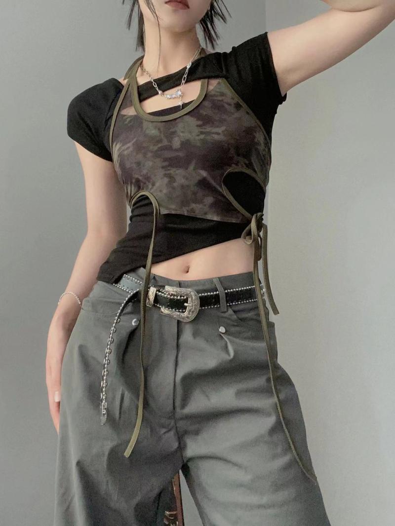 Retro Hot Girl Printed Top Summer Design Sense Niche Chic Short Sleeve Strappy