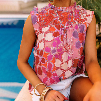 European And American Sleeveless Ruffled Printed Top For Women