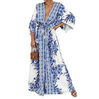 Deep V Bat Sleeve Waist Cinching Printed Slim Fit Dress