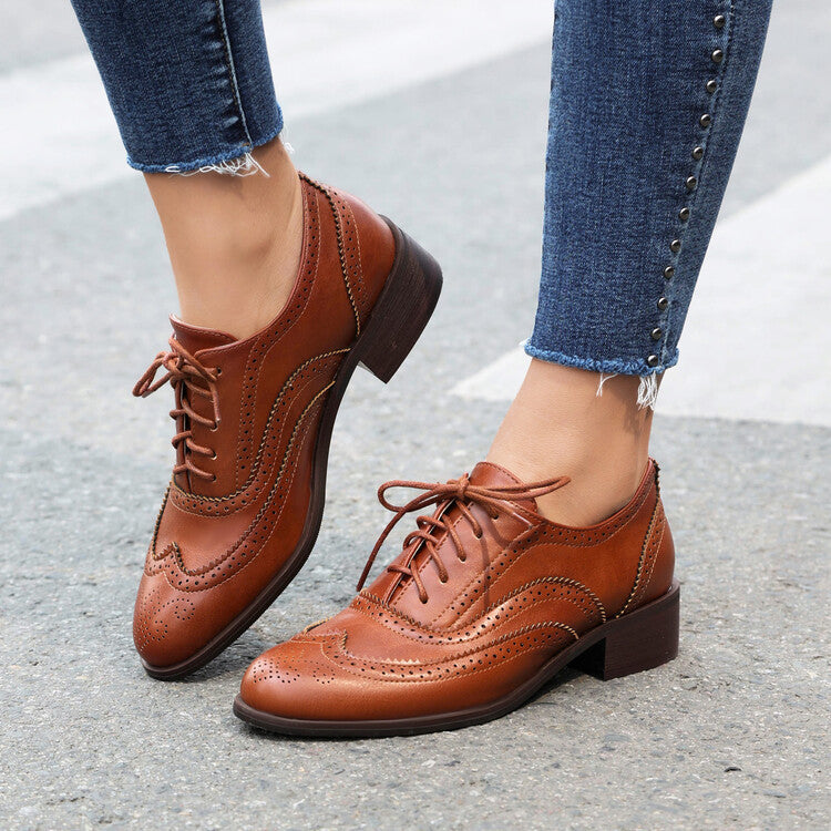 Color Matching Pumps Round Head Shallow Mouth Front Lace-up Women's Chunky Heels
