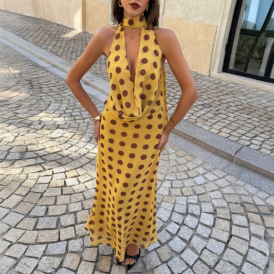 SpringSummer Retro Elegant Neck-Close Deep V-Polka-Dot Dress